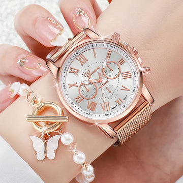 2PCS/Set Women's Watch Fashion Plastic Band Analog Quartz Watch Pearls Butterfly Bracelet Set