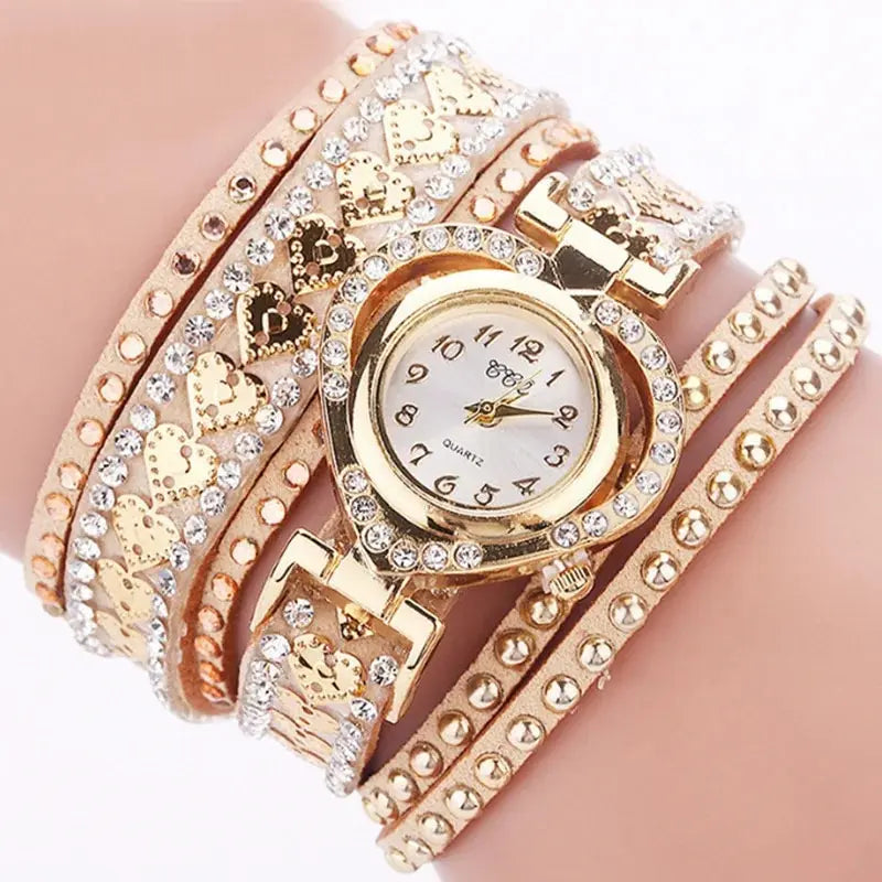 Retro Luxury Popular Diamond Winding Long Strap Peach Heart Bracelet Watch Women