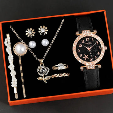 10pcs Women's Watch Set Fashion Casual Round WOMEN'S Quartz Watch Fashion Hairpin Earrings Necklace Ring Watch Set