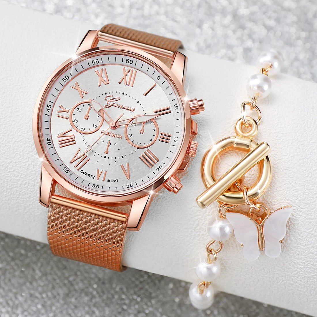 2PCS/Set Women's Watch Fashion Plastic Band Analog Quartz Watch Pearls Butterfly Bracelet Set