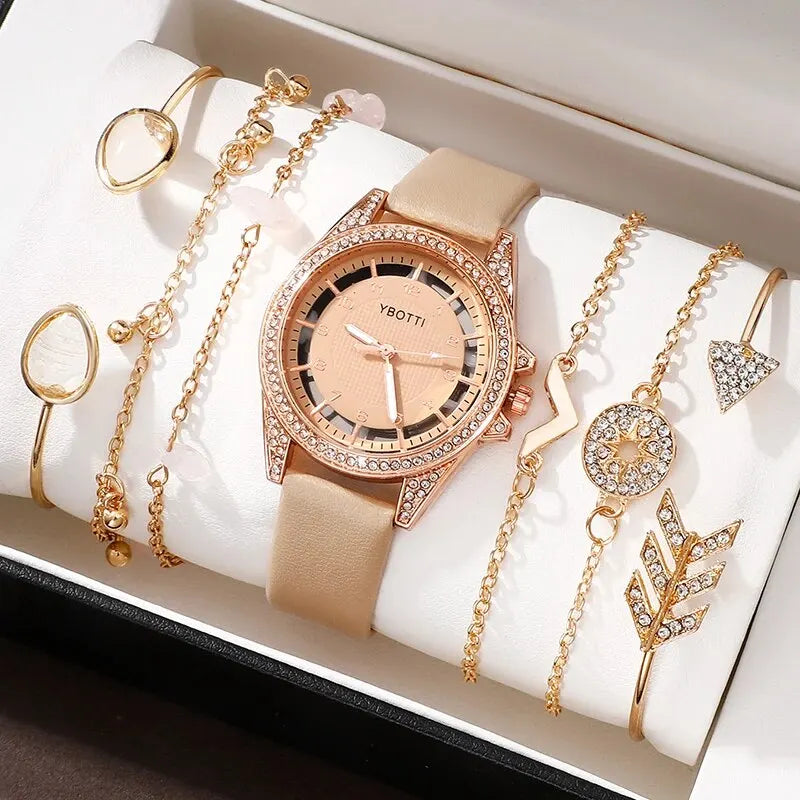 Women's Fashion Quartz Watch Luxury Khaki Leather Band Analog WristWatch Ladies Watch Women Dress Bracelet Set Reloj Mujer Clock