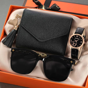 Women Fashion Leather Belt Watches & Butterfly Wallet Glasses Sunglasses Set Ladies Quartz Wristwatches Dress Clock Montre Femme