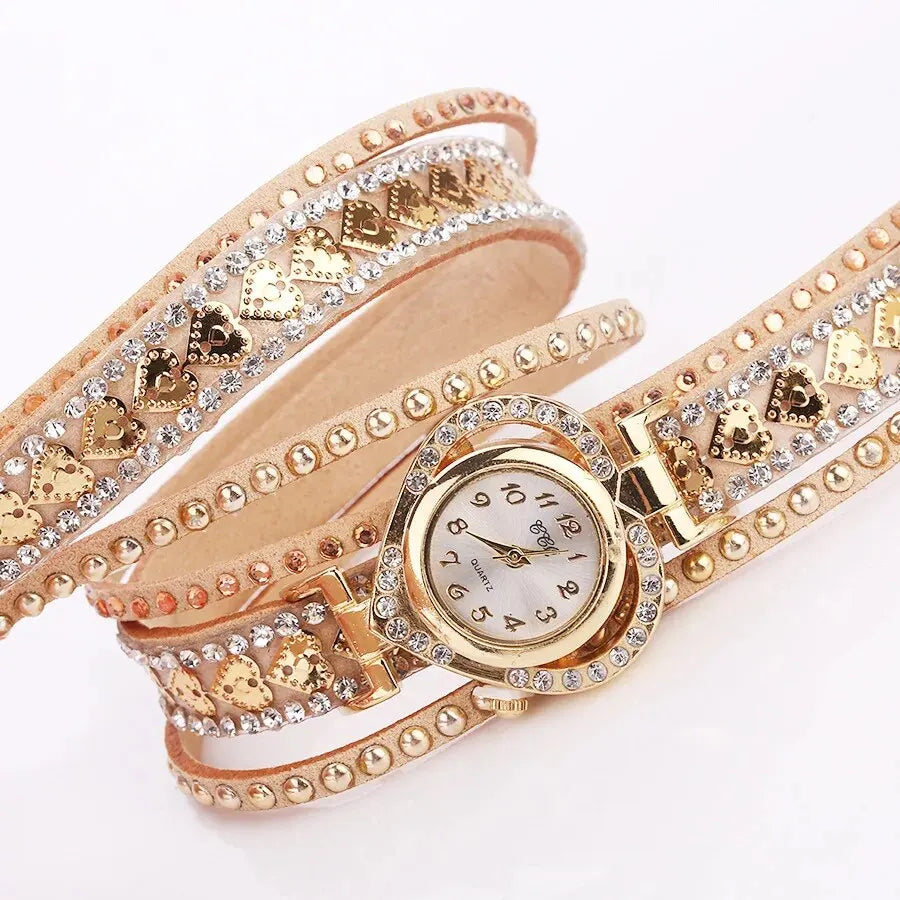 Retro Luxury Popular Diamond Winding Long Strap Peach Heart Bracelet Watch Women