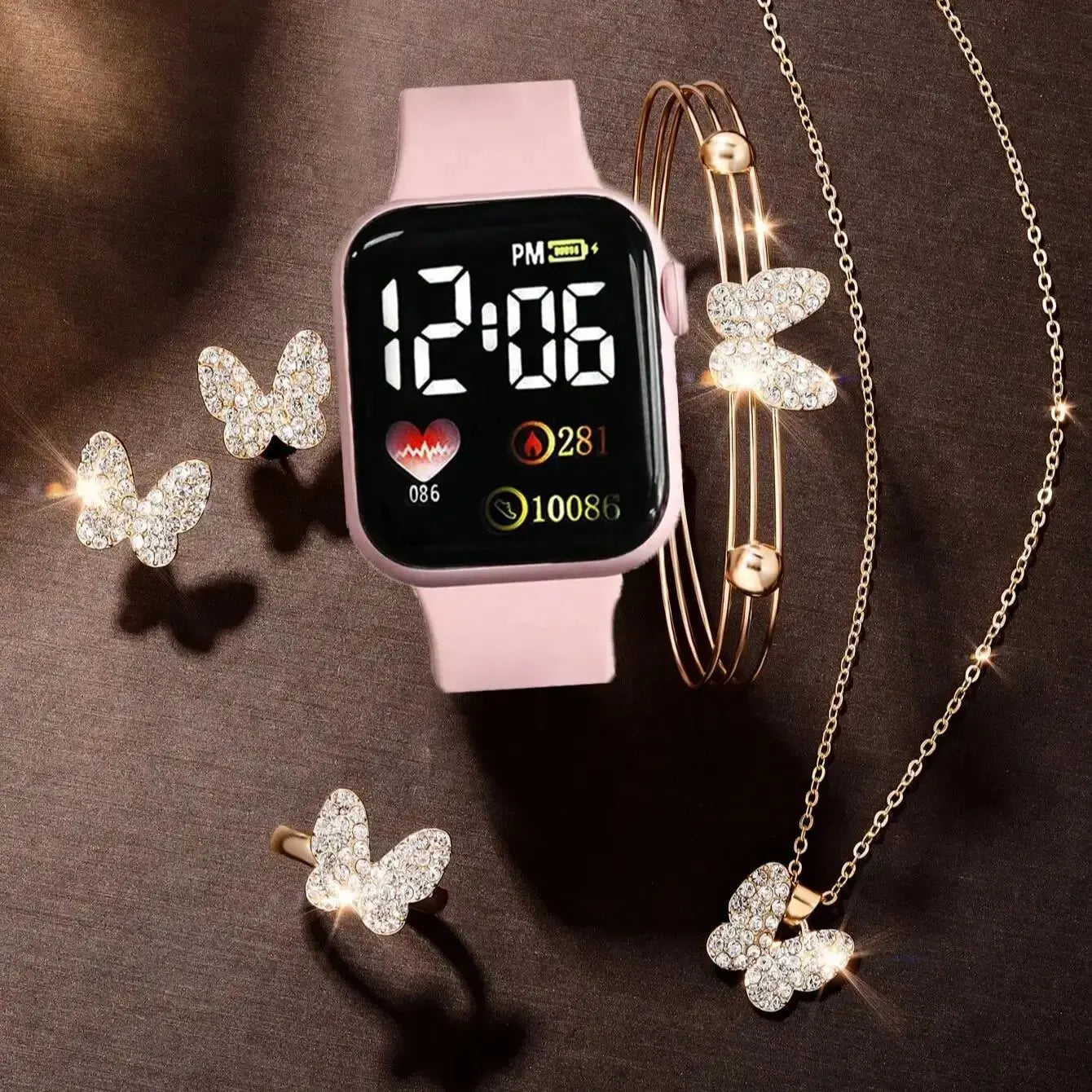 6 Pieces Of Love Square Numbers Display Electronic Watch Girl Boys And Butterfly Rhinestones